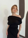 Omuz Büzgü Detay Uzun Elbise Siyah