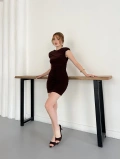 Omuz Vatkalı Drape Detaylı Mini Elbise Kahve