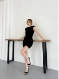 Omuz Vatkalı Drape Detaylı Mini Elbise Siyah