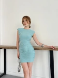 Omuz Vatkalı Drape Detaylı Mini Elbise Suyeşili
