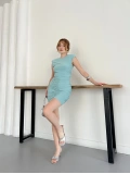 Omuz Vatkalı Drape Detaylı Mini Elbise Suyeşili