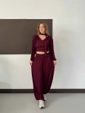 Omuz Vatkalı Fular Detaylı Modal Takım Bordo