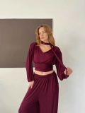 Omuz Vatkalı Fular Detaylı Modal Takım Bordo