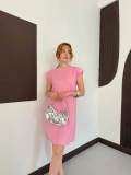 Omuz Vatkalı Sandy Basic Elbise Pembe