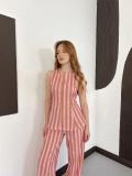 Pembe-Camel Hamon Çizgili Bluz-Pantolon Takım