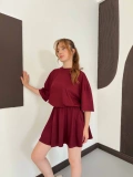 Pileli Şort Etek- Tişört Modal Takım Bordo