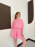 Pileli Şort Etek- Tişört Modal Takım Pembe