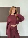 Pilise Detaylı Pantolon-Bluz Takım Bordo