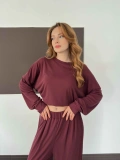 Pilise Detaylı Pantolon-Bluz Takım Bordo