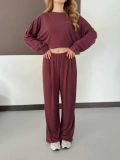 Pilise Detaylı Pantolon-Bluz Takım Bordo
