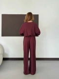 Pilise Detaylı Pantolon-Bluz Takım Bordo