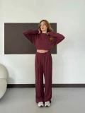 Pilise Detaylı Pantolon-Bluz Takım Bordo