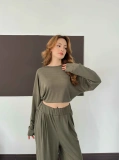 Pilise Detaylı Pantolon-Bluz Takım Haki