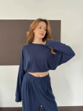 Pilise Detaylı Pantolon-Bluz Takım Lacivert