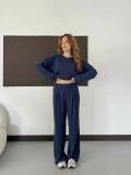 Pilise Detaylı Pantolon-Bluz Takım Lacivert