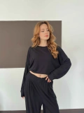 Pilise Detaylı Pantolon-Bluz Takım Siyah