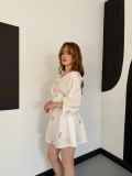 Poplin Kumaş Çiçek Desen Mini Elbise Beyaz-pembe