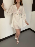 Poplin Kumaş Çiçek Desen Mini Elbise Beyaz-pembe