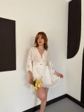 Poplin Kumaş Çiçek Desen Mini Elbise Beyaz-Sarı
