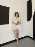 Poplin Kumaş Çiçek Desen Mini Elbise Beyaz-Sarı