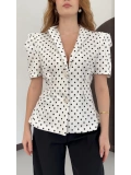 Puantiyeli Balon Kol Blazer Ceket Beyaz
