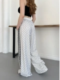 Puantiyeli Yan Şerit Detaylı Bol Paça Modal Pantolon Beyaz