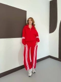 Şerit Detaylı Bol Paça Oversize Kalıp Eşofman Takımı Kırmızı