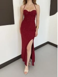 Sim Detaylı Askılı Yırmaçlı Gece Elbisesi Bordo