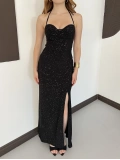 Sim Detaylı Askılı Yırmaçlı Gece Elbisesi Siyah