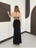 Sim Detaylı Askılı Yırmaçlı Gece Elbisesi Siyah