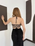Sim Detaylı Askılı Yırmaçlı Gece Elbisesi Siyah