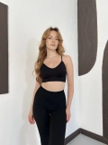 Spor Fitilli Crop-Tayt Takım Siyah