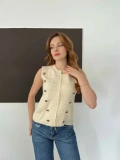 Süs Düğmeli Triko Yelek Bej
