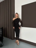 Tek Omuz Taş Detaylı Şifon Elbise Siyah