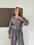 Tencel Kumaş Geniş Paça Pantolon-Gömlek Takım Gri