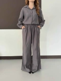 Tencel Kumaş Geniş Paça Pantolon-Gömlek Takım Gri