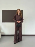 Tencel Kumaş Geniş Paça Pantolon-Gömlek Takım Kahve