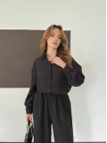 Tencel Kumaş Geniş Paça Pantolon-Gömlek Takım Siyah