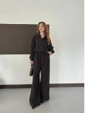 Tencel Kumaş Geniş Paça Pantolon-Gömlek Takım Siyah