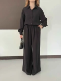 Tencel Kumaş Geniş Paça Pantolon-Gömlek Takım Siyah