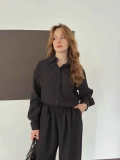 Tencel Kumaş Geniş Paça Pantolon-Gömlek Takım Siyah