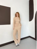 Ters Dikiş Bol Paça Pantolon-Bluz Takım Bej