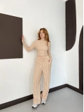 Ters Dikiş Bol Paça Pantolon-Bluz Takım Bej