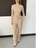 Ters Dikiş Bol Paça Pantolon-Bluz Takım Bej