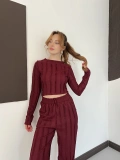 Ters Dikiş Bol Paça Pantolon-Bluz Takım Bordo