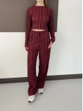 Ters Dikiş Bol Paça Pantolon-Bluz Takım Bordo