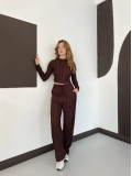 Ters Dikiş Bol Paça Pantolon-Bluz Takım Kahve