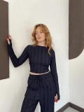 Ters Dikiş Bol Paça Pantolon-Bluz Takım Lacivert