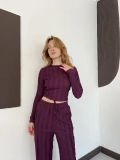 Ters Dikiş Bol Paça Pantolon-Bluz Takım Mürdüm