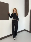 Ters Dikiş Bol Paça Pantolon-Bluz Takım Siyah